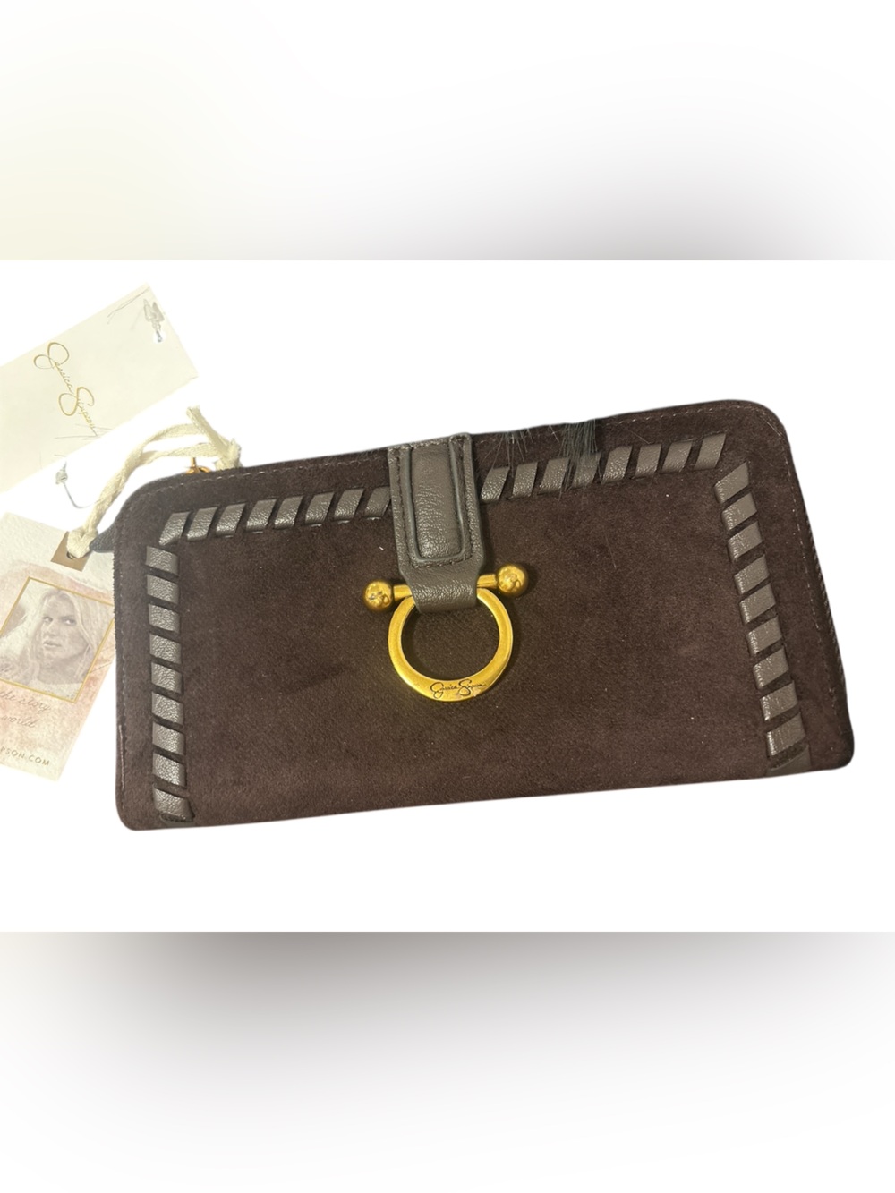 Jessica Simpson Brown Suede Phone Wallet with Gold Ring Accent